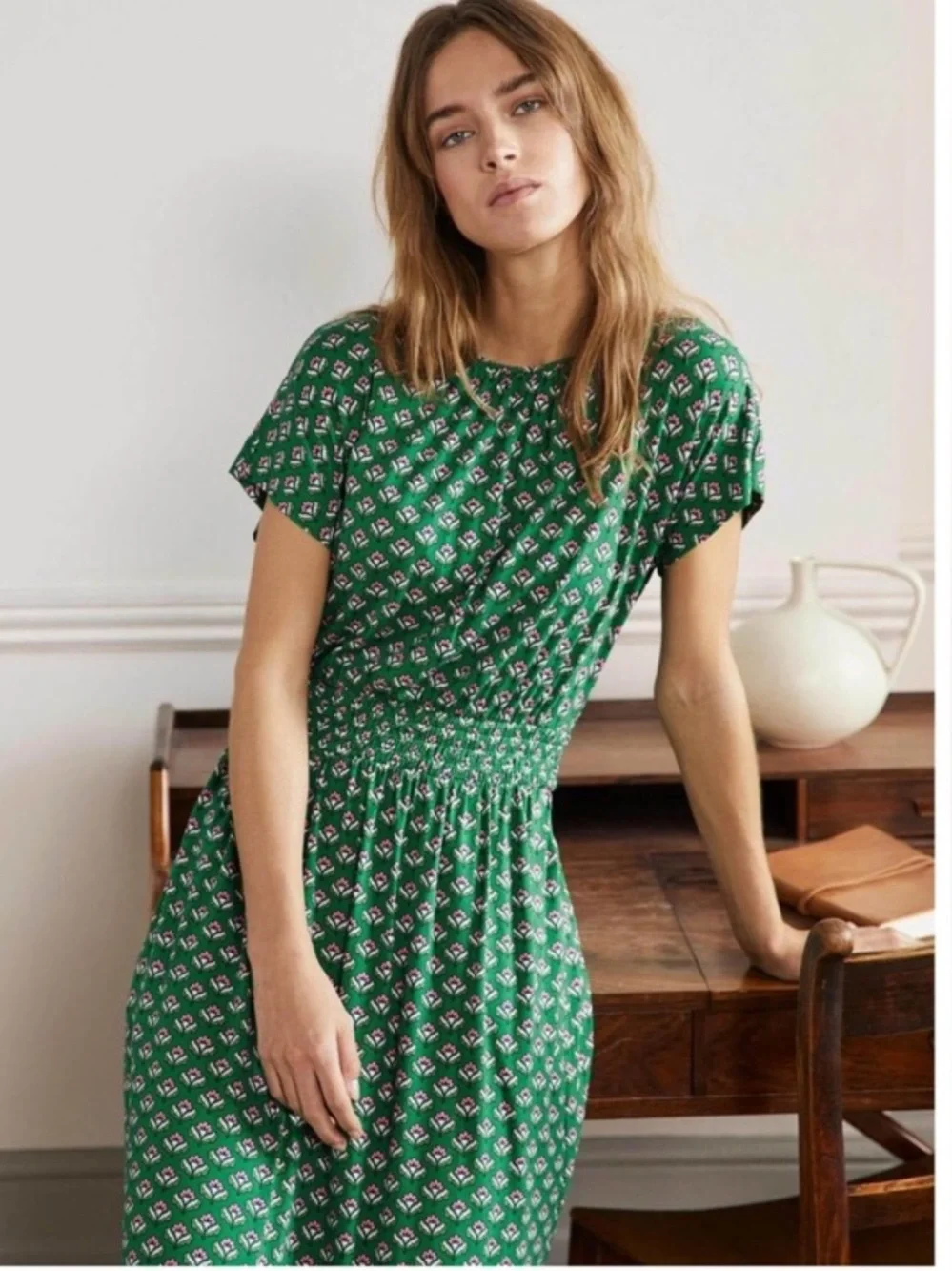 Boden Dress Womens Size 12 Highland Geo Floral Kelly Green Smocked Waist Pockets - Picture 2 of 14